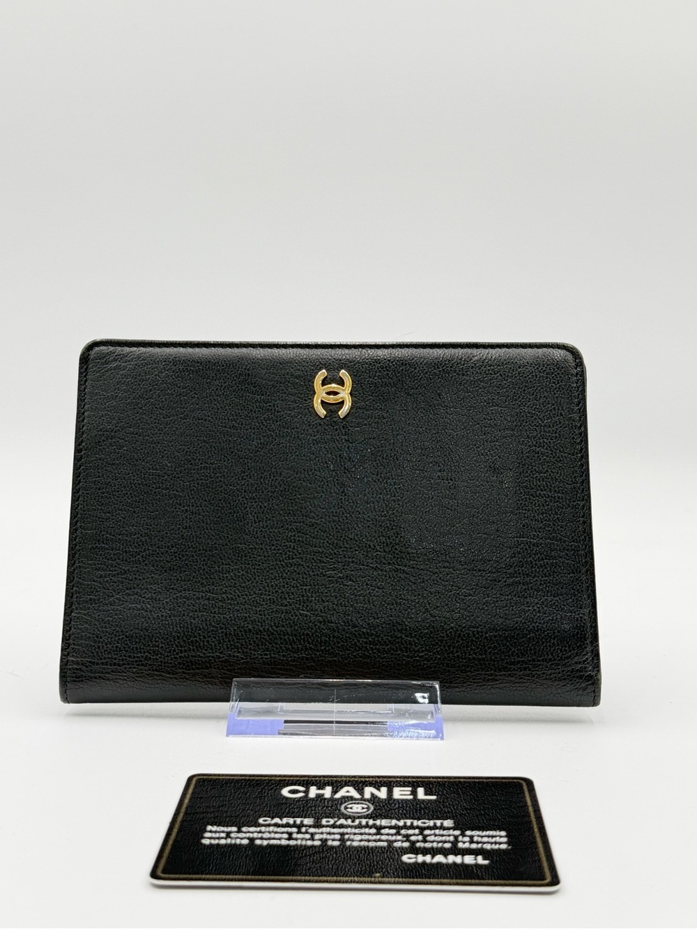 Chanel Vintage Black Leather Passport Wallet Gold CC